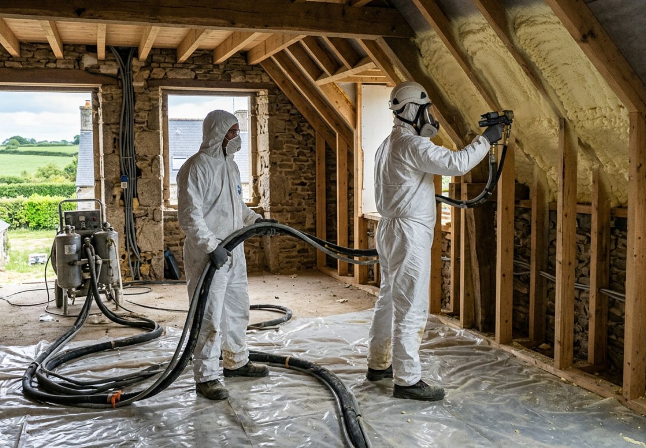 Isolation de combles à Inzinzac-Lochrist 56650 par mousse polyuréthane projetée