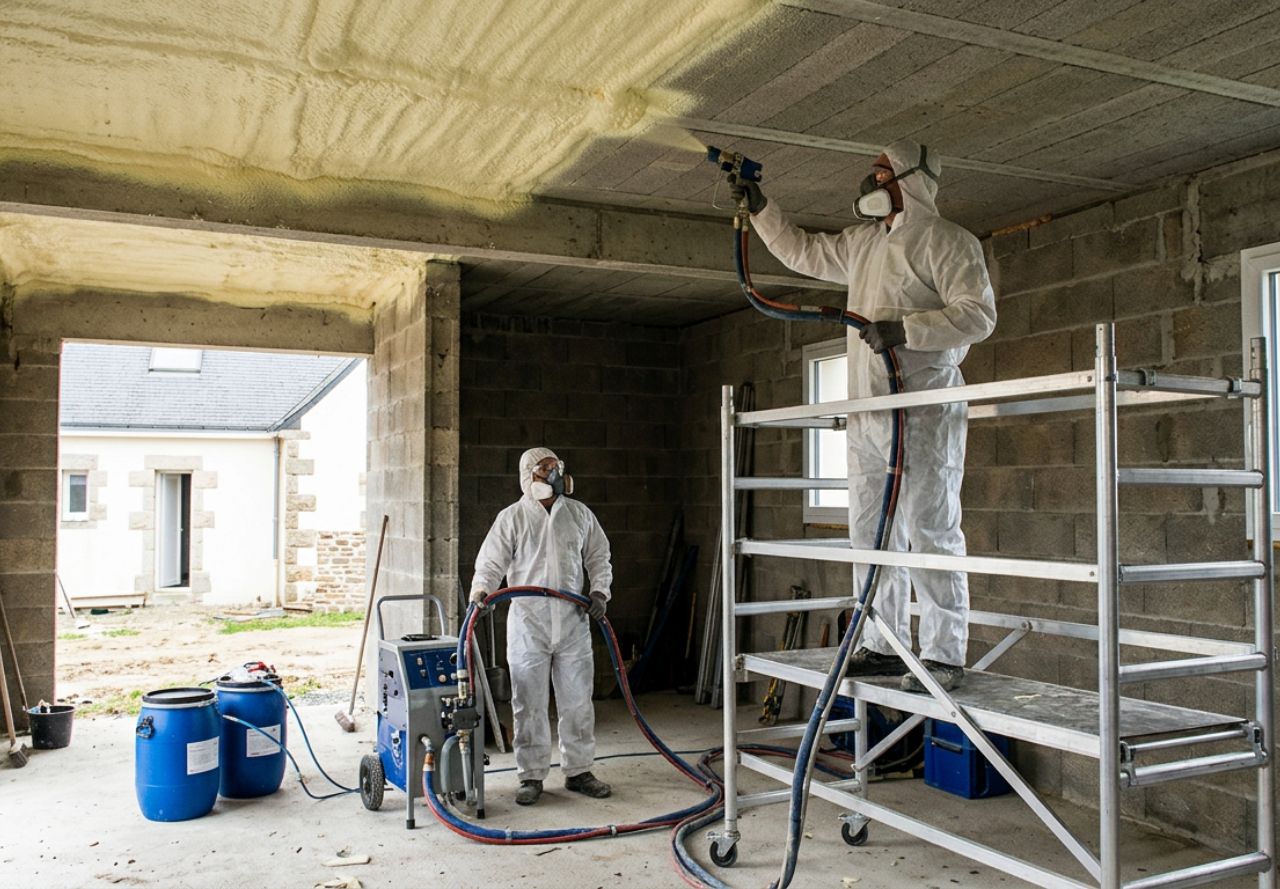 Isolation des sous-faces de dalle par projection de mousse PU